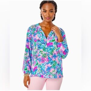 Authentic Lilly Pulitzer Elsa Silk Blouse, Mandevilla Baby Paradise Petals, XL